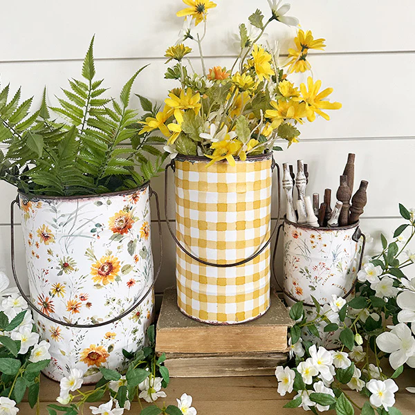 Distressed Patterned Metal Pails, Set of 3
