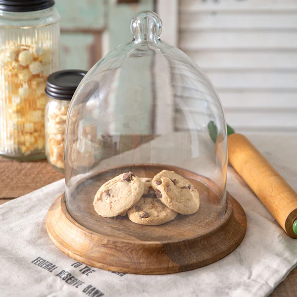 Large Glass Bell Shaped Cloche with Wood Base