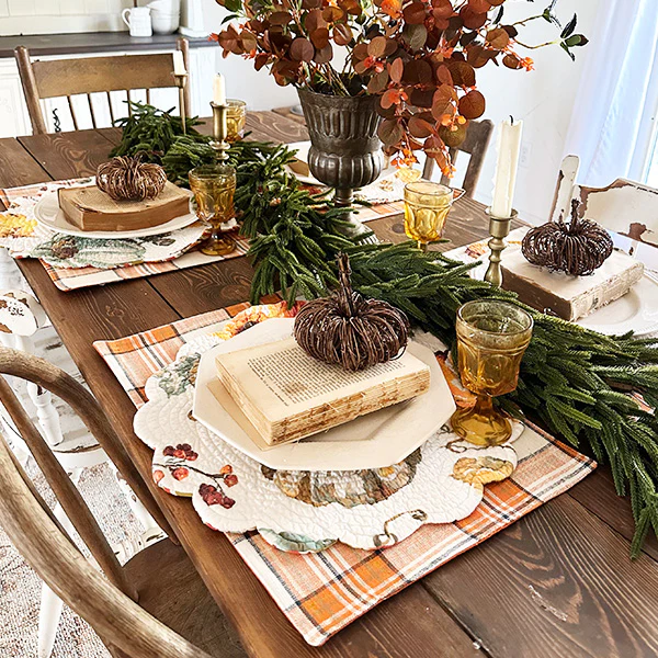Reversible Watercolor Pumpkin Placemat Set and Table Runner | Autumn Glow